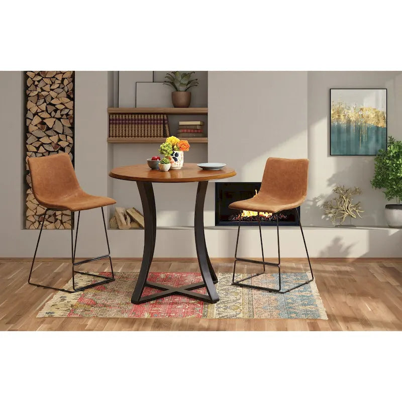 Ensemble de salle à manger 3 pièces avec table haute - Table ronde de 91 cm - 2 tabourets en similicuir - Style moderne du milieu du siècle - Noir mat