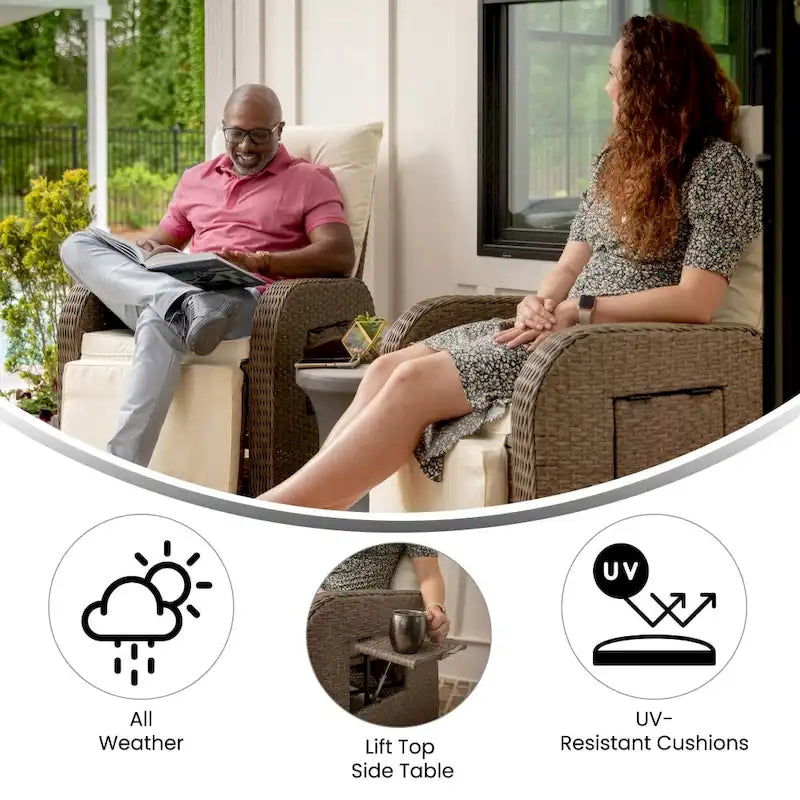 Fauteuil inclinable en rotin tressé pour intérieur/extérieur avec table d'appoint rabattable