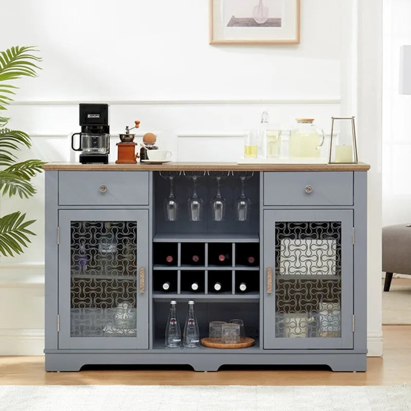 Buffet à 2 tiroirs - Élégant meuble à portes vitrées - Étagères réglables - Rangement pour cuisine/salon/salle à manger