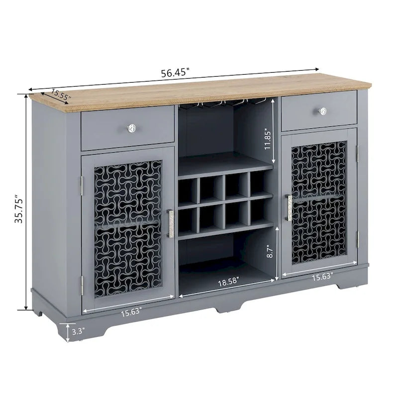 Buffet à 2 tiroirs - Élégant meuble à portes vitrées - Étagères réglables - Rangement pour cuisine/salon/salle à manger