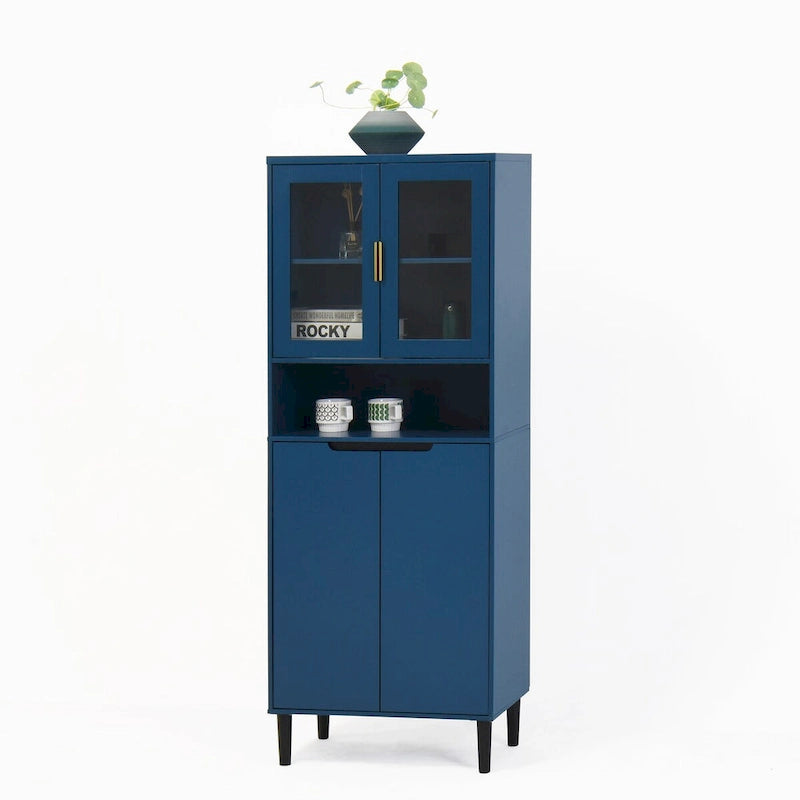 Armoire de rangement haute - 2 portes vitrées - 2 portes pleines - Poignées dorées - Garde-manger - Autoportante - 160 cm de hauteur