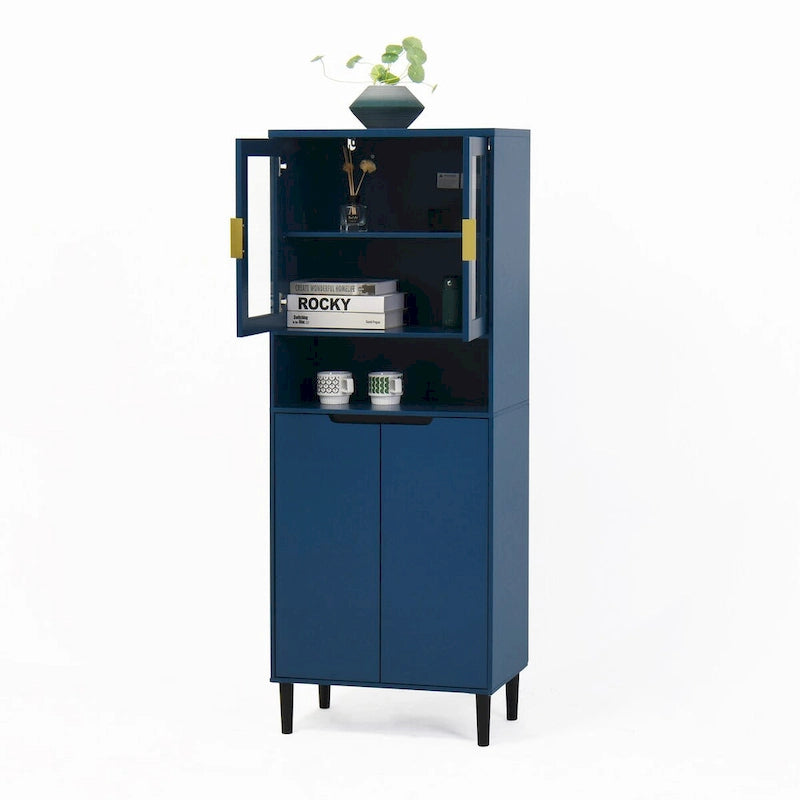 Armoire de rangement haute - 2 portes vitrées - 2 portes pleines - Poignées dorées - Garde-manger - Autoportante - 160 cm de hauteur