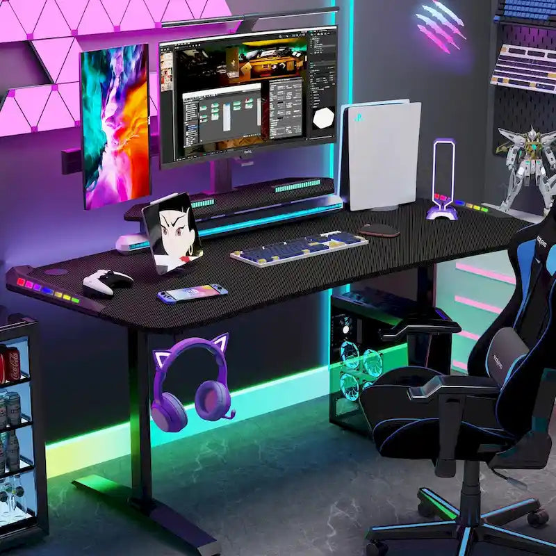 71 Gaming Table Office Computer Desk Gamer Workstation with Monitor Shelf LED Light Mouse Pad