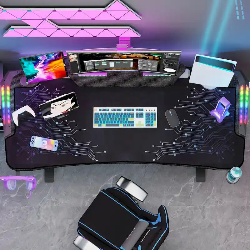 Bureau gaming 71" - Support pour écran - Éclairage LED - Tapis de souris - Poste de travail gamer - Bureau d'ordinateur