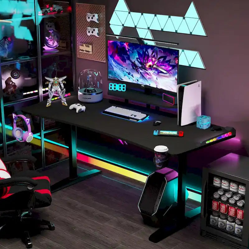 Bureau gaming 71" - Support pour écran - Éclairage LED - Tapis de souris - Poste de travail gamer - Bureau d'ordinateur