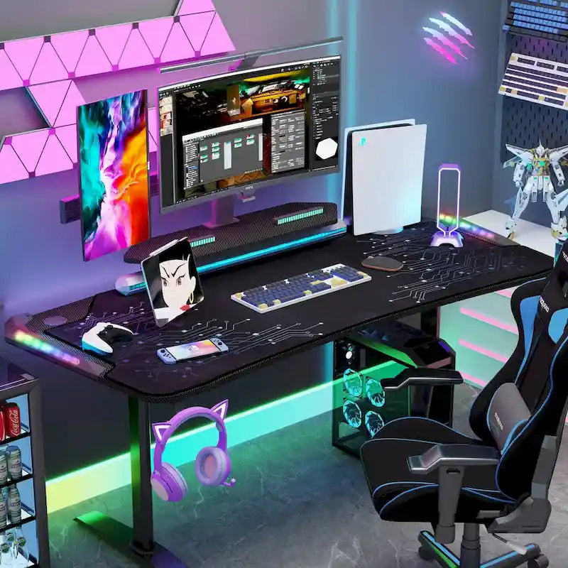 Bureau gaming 71" - Support pour écran - Éclairage LED - Tapis de souris - Poste de travail gamer - Bureau d'ordinateur