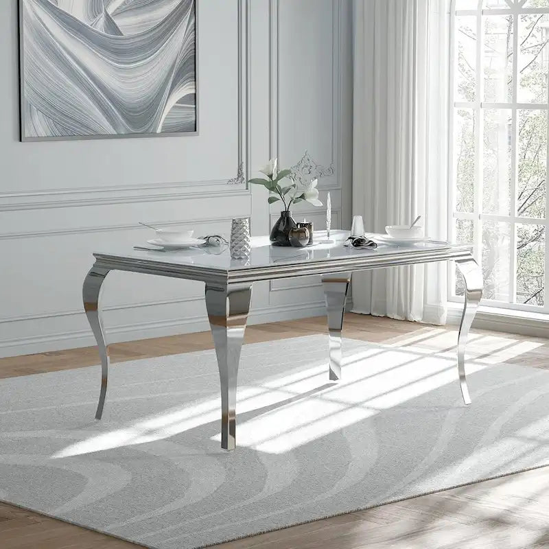 Table de salle à manger en verre de 160 cm (63 po) - Style moderne du milieu du siècle - Pieds cabriolet en métal - Verre trempé - 6 couverts - Capacité de charge : 250 kg (550 lb)