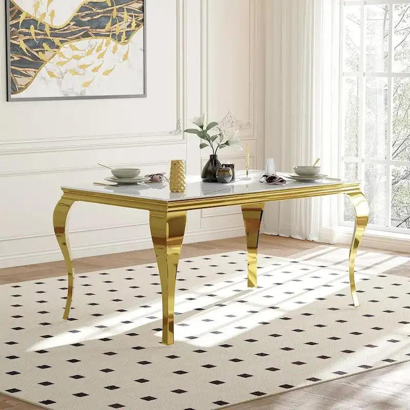 Table de salle à manger en verre de 160 cm (63 po) - Style moderne du milieu du siècle - Pieds cabriolet en métal - Verre trempé - 6 couverts - Capacité de charge : 250 kg (550 lb)