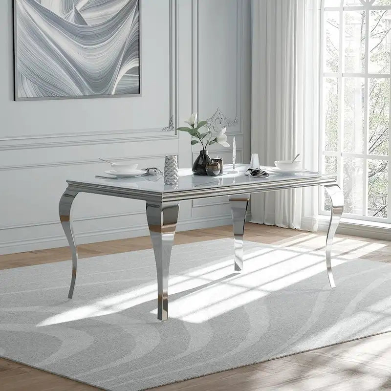 Table de salle à manger en verre de 160 cm (63 po) - Style moderne du milieu du siècle - Pieds cabriolet en métal - Verre trempé - 6 couverts - Capacité de charge : 250 kg (550 lb)