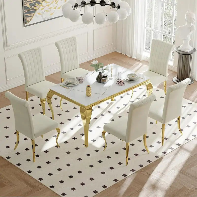 Table de salle à manger en verre de 160 cm (63 po) - Style moderne du milieu du siècle - Pieds cabriolet en métal - Verre trempé - 6 couverts - Capacité de charge : 250 kg (550 lb)