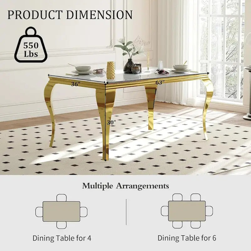 Table de salle à manger en verre de 160 cm (63 po) - Style moderne du milieu du siècle - Pieds cabriolet en métal - Verre trempé - 6 couverts - Capacité de charge : 250 kg (550 lb)