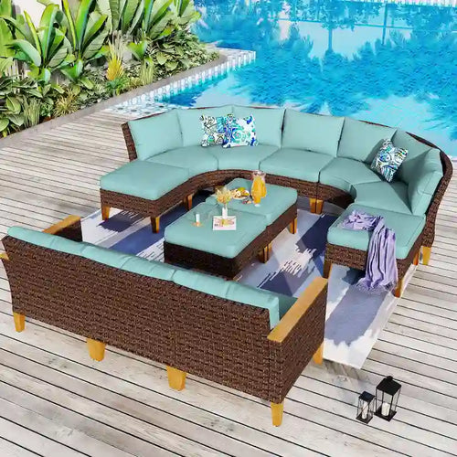 12-Seat Outdoor Wicker Half-Round Furniture Set, Half-Moon Sectional Sofa All Weather Curved Conversation Set