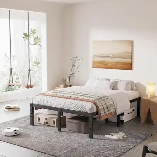 16 Inch Black Metal Platform Bed Frame With Wood Slats Support