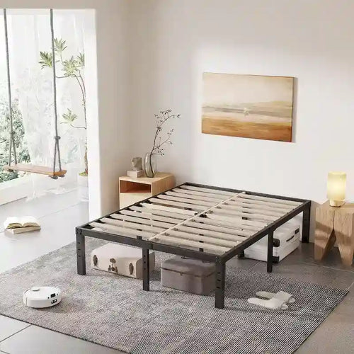 Cadre de lit plateforme en métal noir de 40 cm avec sommier à lattes en bois