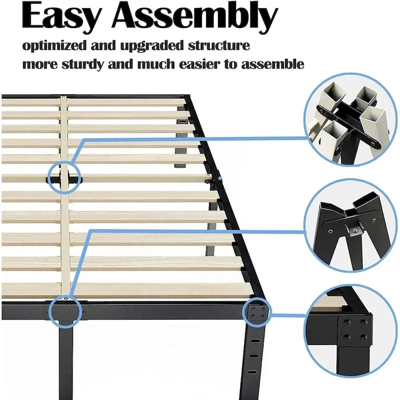 Cadre de lit plateforme en métal noir de 40 cm avec sommier à lattes en bois
