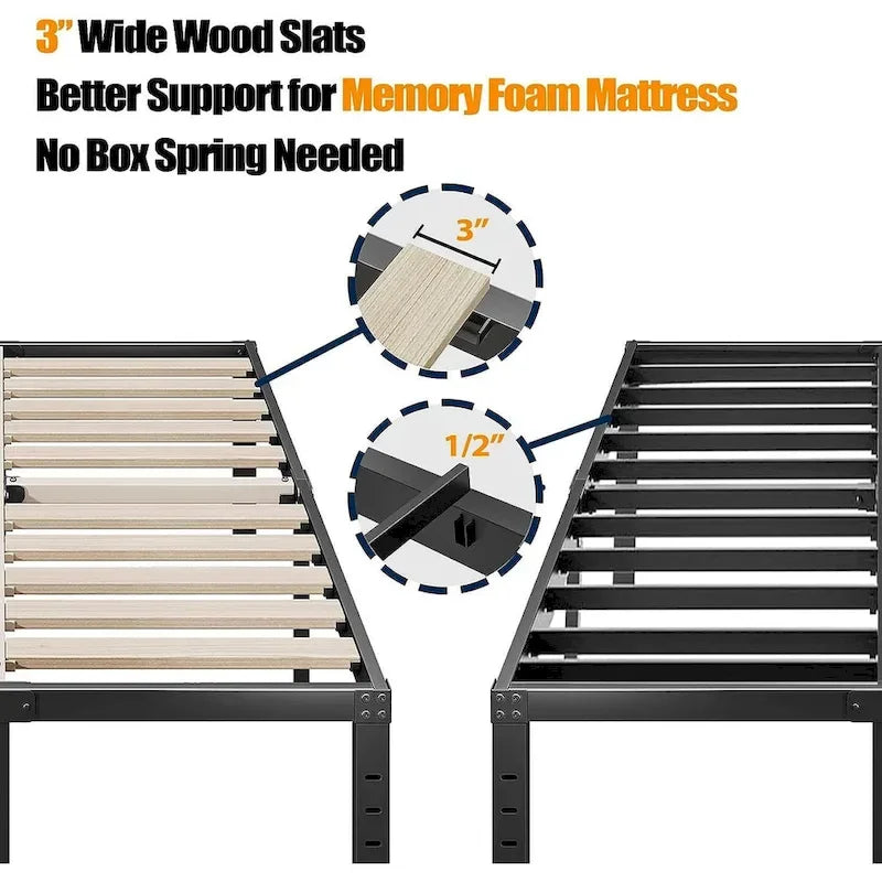 Cadre de lit plateforme en métal noir de 40 cm avec sommier à lattes en bois