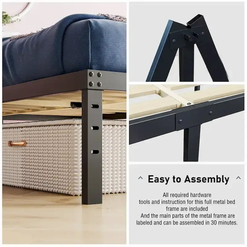 Cadre de lit plateforme en métal noir de 40 cm avec sommier à lattes en bois