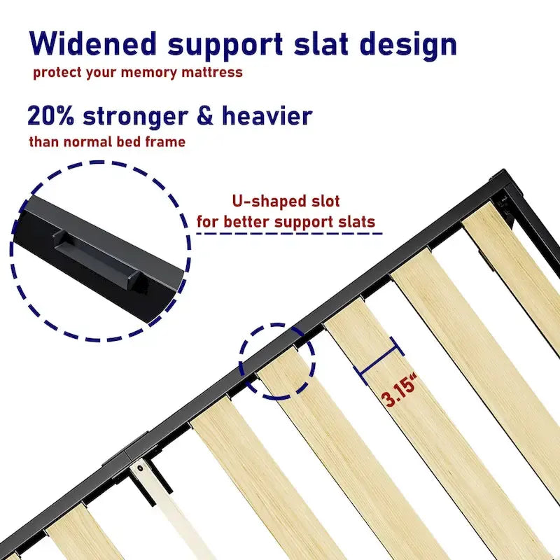 Cadre de lit plateforme en métal noir de 40 cm avec sommier à lattes en bois