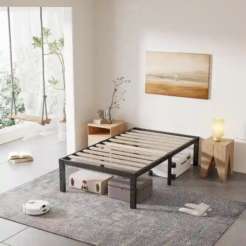 Cadre de lit plateforme en métal noir de 40 cm avec sommier à lattes en bois