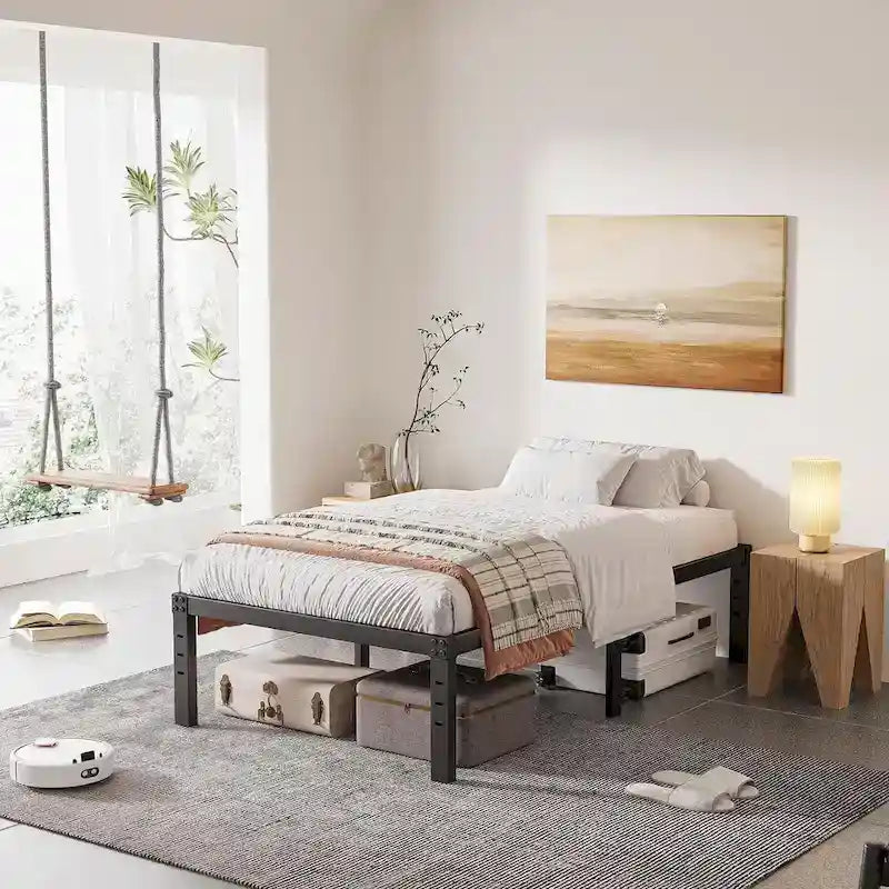 Cadre de lit plateforme en métal noir de 40 cm avec sommier à lattes en bois