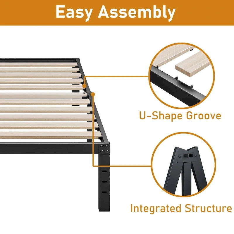 Cadre de lit plateforme en métal noir de 40 cm avec sommier à lattes en bois