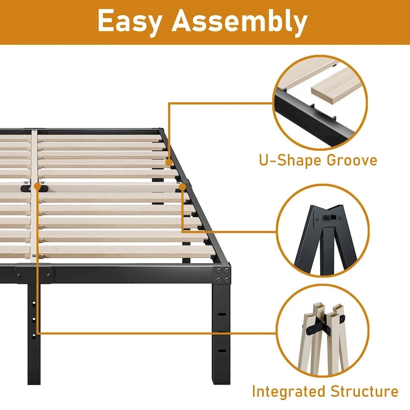 Cadre de lit plateforme en métal noir de 40 cm avec sommier à lattes en bois
