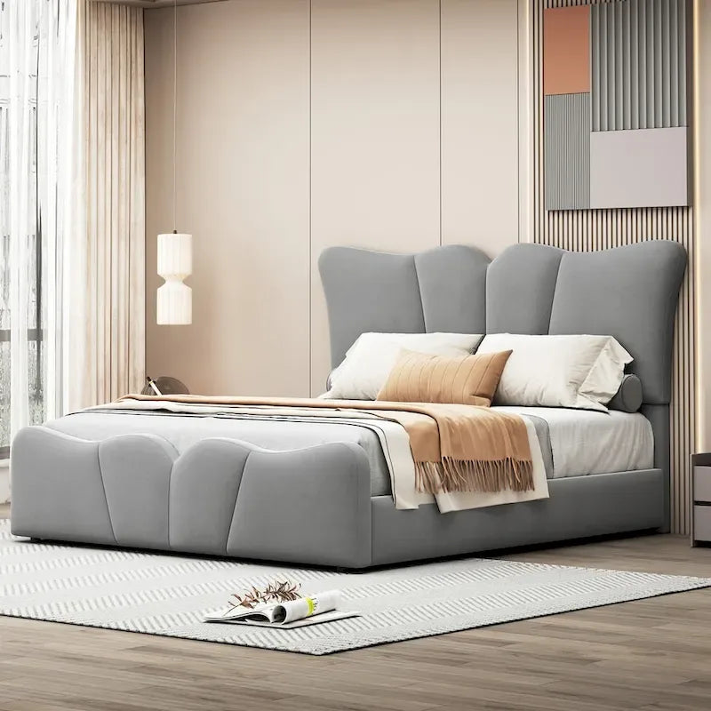 Lit plateforme rembourré pleine grandeur - Tissu velours - Tête de lit capitonnée - Sommier non requis